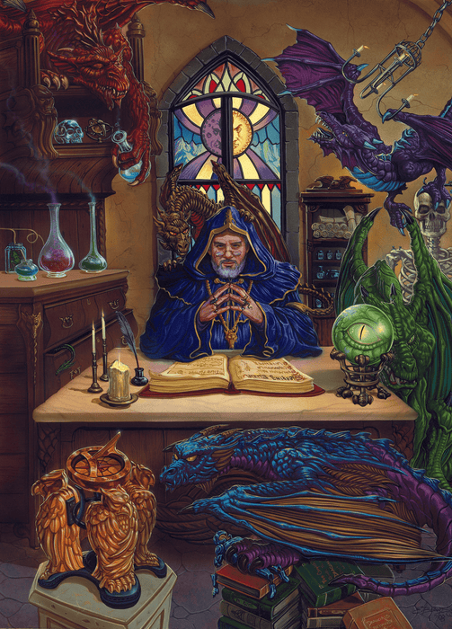 Wizard sits at a desk surrounded by misbehaving dragons in a rainbow of colors, art by Ed Beard Jr