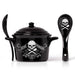 Soup bowl set with matching spoon - Skull and crossed fork and spoon with text, " Dead Hungry" and "Bone Appetit". Black ceramic with white design