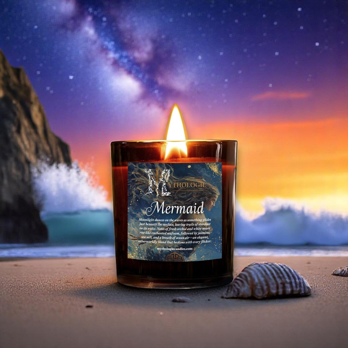 Candle labeled 'Mermaid' on a beach with a starry night sky and ocean waves in the background