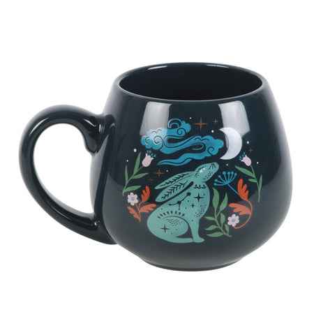 Ceramic mug with moon gazing hare in green with flowers