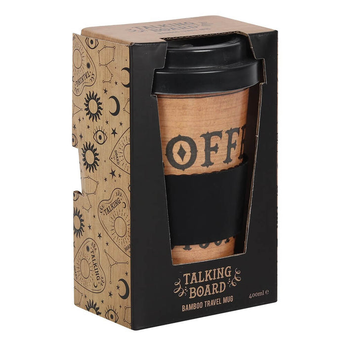 Coffee 'talking board' travel mug with black lid and sleeve, shown in gift box
