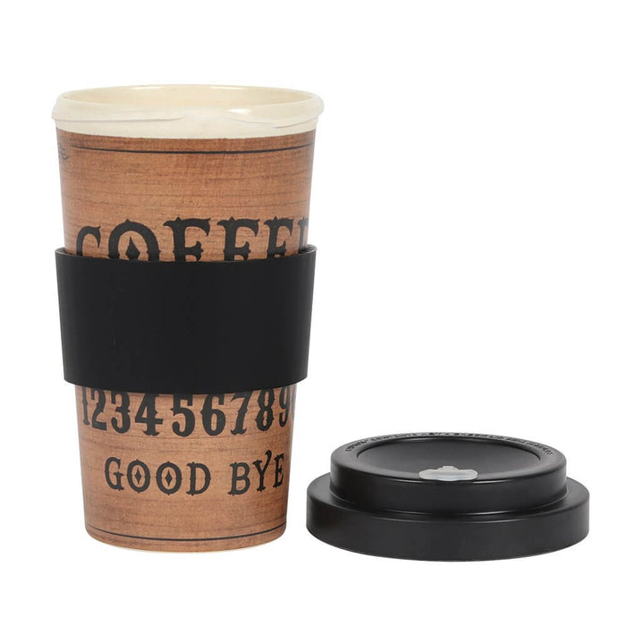 Coffee 'talking board' travel mug with black lid and sleeve, shown with lid off