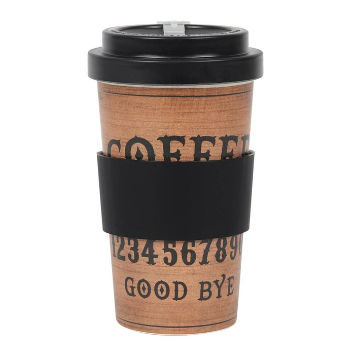 Coffee 'talking board' travel mug with black lid and black silicone sleeve