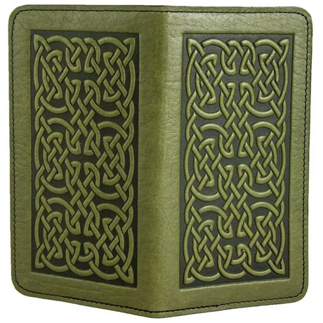 Green leather checkbook cover with Celtic knot design