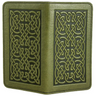 Green leather checkbook cover with Celtic knot design