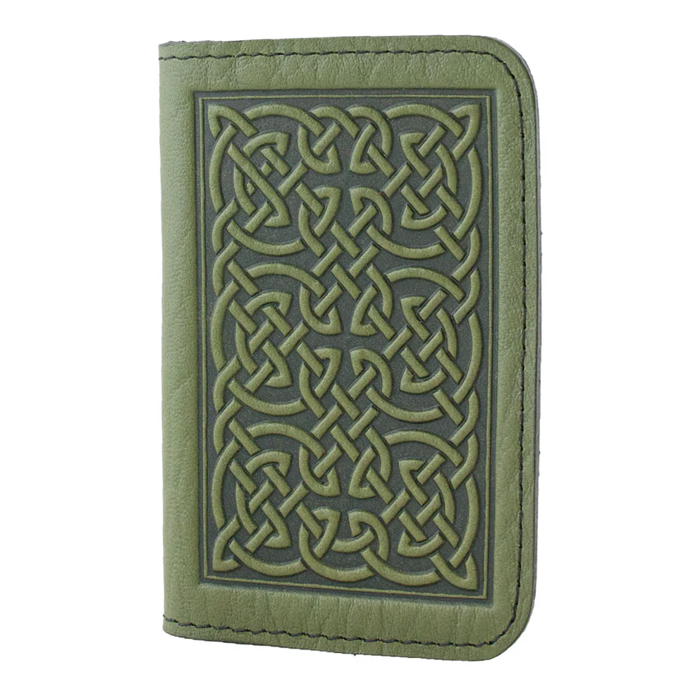Fern Green leather card holder with Celtic knot design