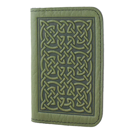 Fern Green leather card holder with Celtic knot design