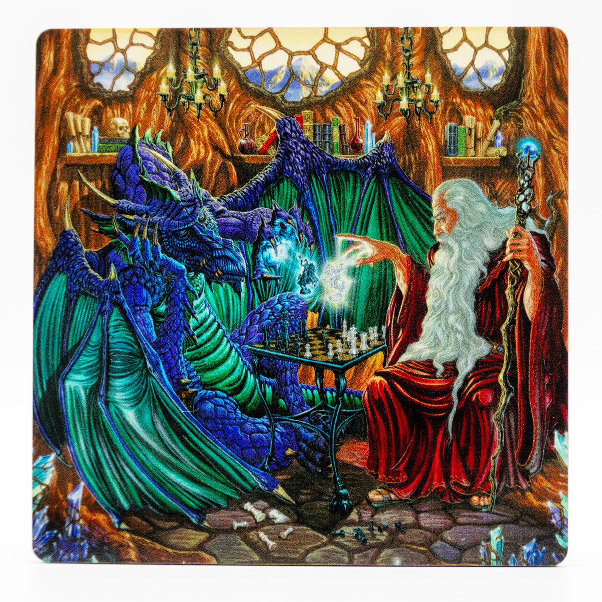 Coaster of blue dragon and wizard in red playing chess