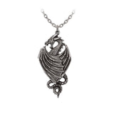 Pewter dragon necklace on a white background