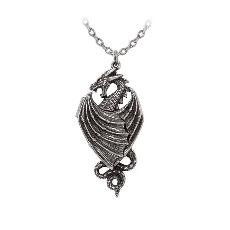 Pewter dragon necklace on a white background