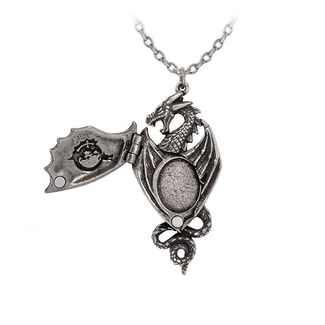Pewter dragon necklace, locket shown open
