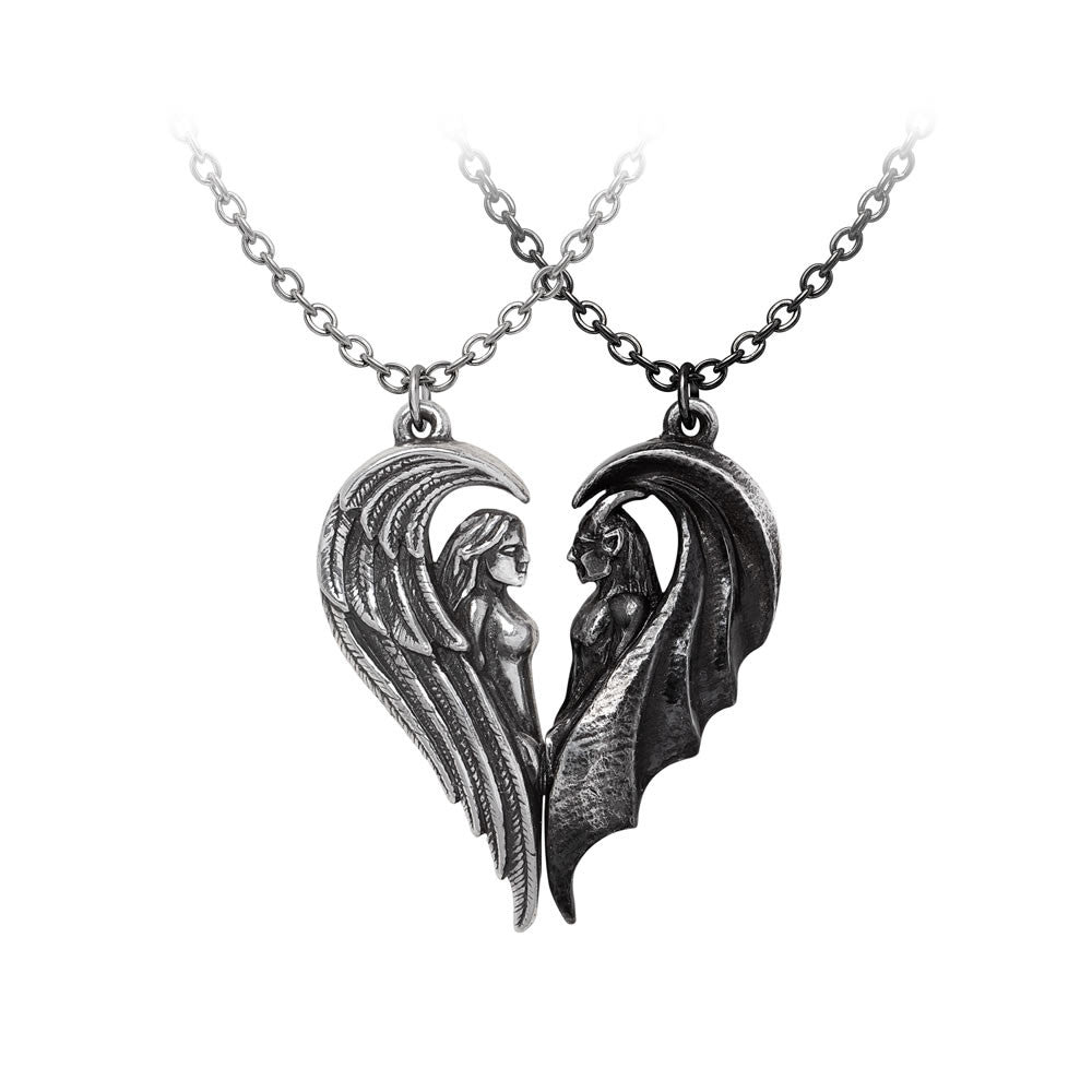 Pair of angel and demon pendants forming a heart shape 