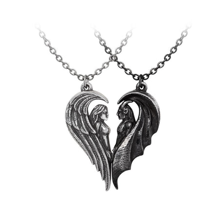 Pair of angel and demon pendants forming a heart shape 