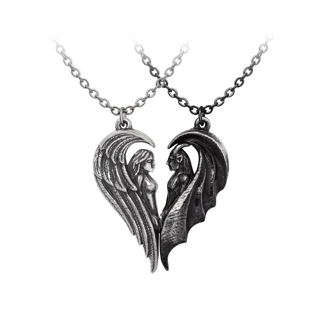Pair of angel and demon pendants forming a heart shape 