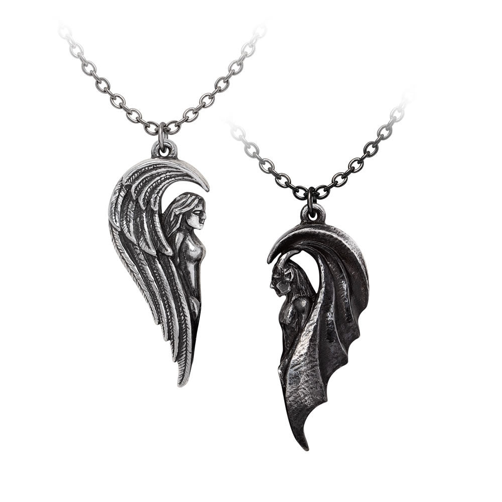 Pair of angel and demon pendants forming a heart shape when together