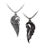 Pair of angel and demon pendants forming a heart shape when together