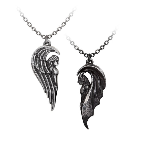 Pair of angel and demon pendants forming a heart shape when together
