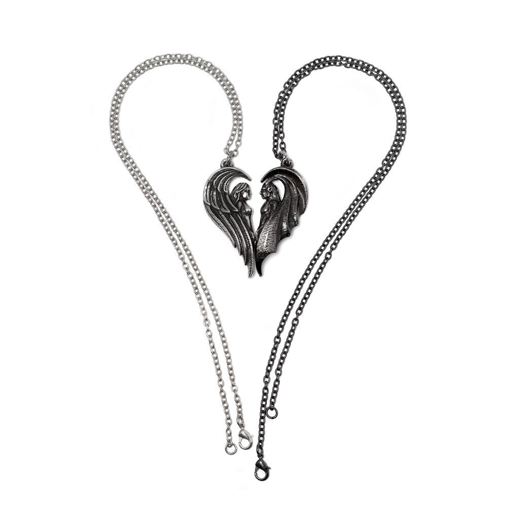 Pair of angel and demon pendants forming a heart shape 