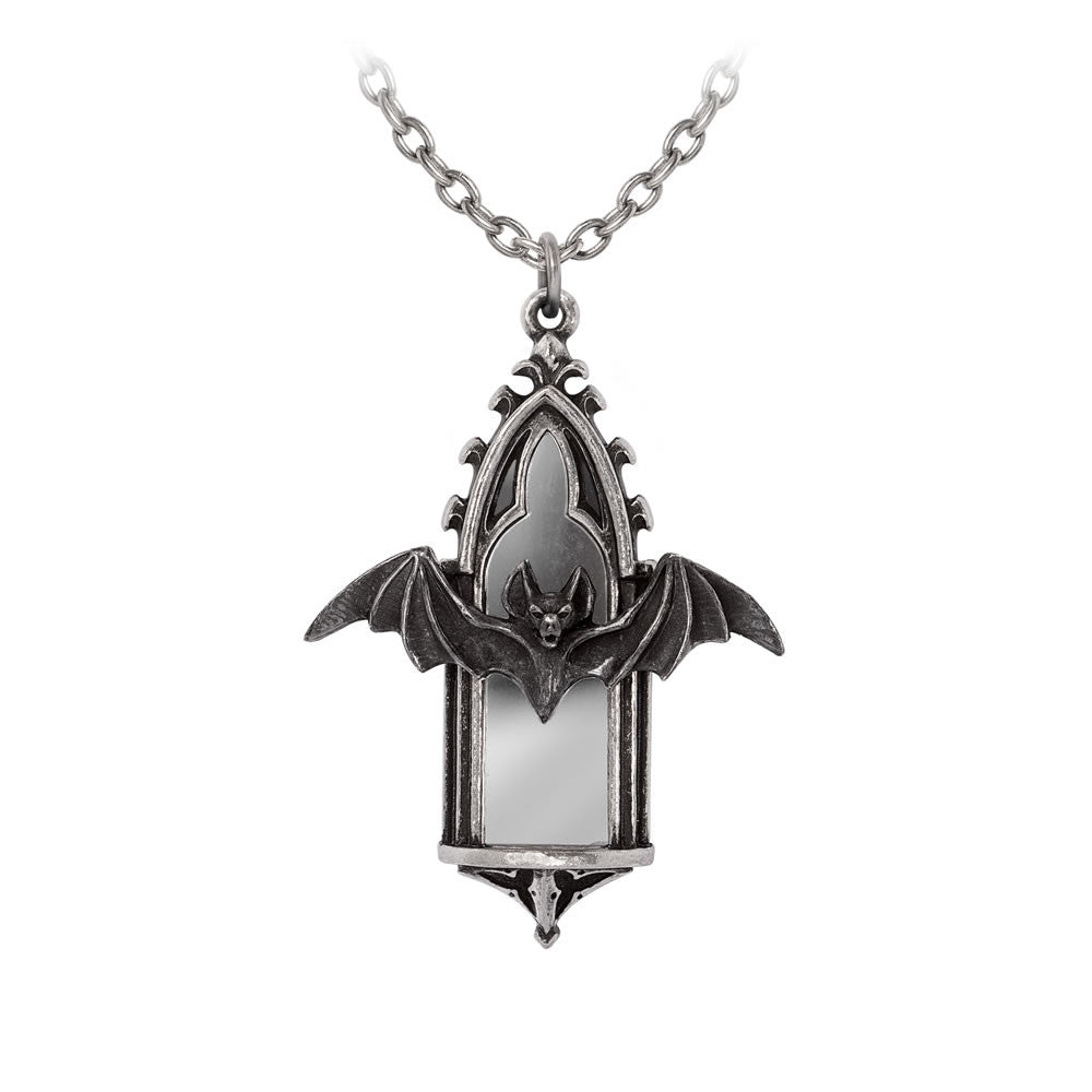Pewter necklace with a bat and gothic window pendant