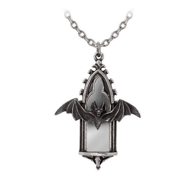 Pewter necklace with a bat and gothic window pendant