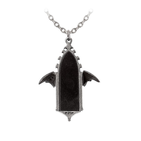 Pewter necklace with a bat and gothic window pendant. Back shown