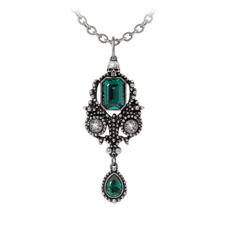 Ornate pewter necklace with green and clear gemstones, skull accent, Gothic style