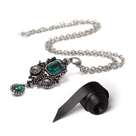 Ornate pewter necklace with green and clear gemstones, skull accent, Gothic style, with chain or ribbon