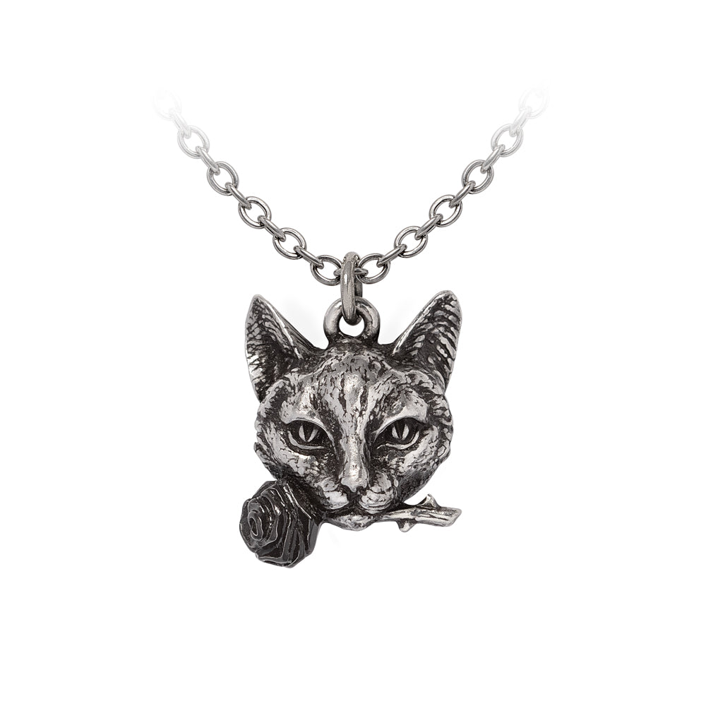 Pewter necklace, charm is a cat with rose