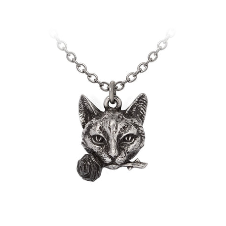 Pewter necklace, charm is a cat with rose