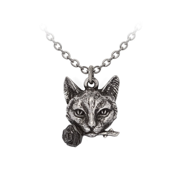 Pewter necklace, charm is a cat with rose