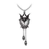 Pendant Necklace featuring a clock face with a bat and dangling skull charms