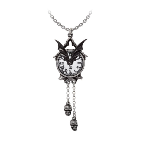 Pendant Necklace featuring a clock face with a bat and dangling skull charms