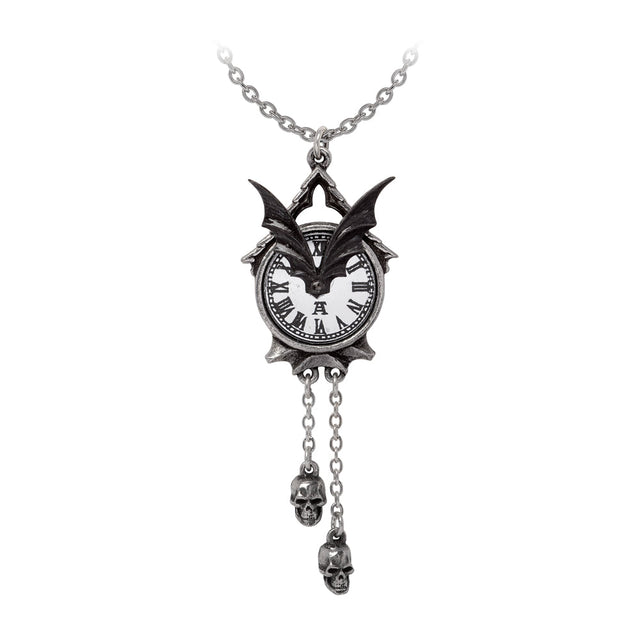 Pendant Necklace featuring a clock face with a bat and dangling skull charms