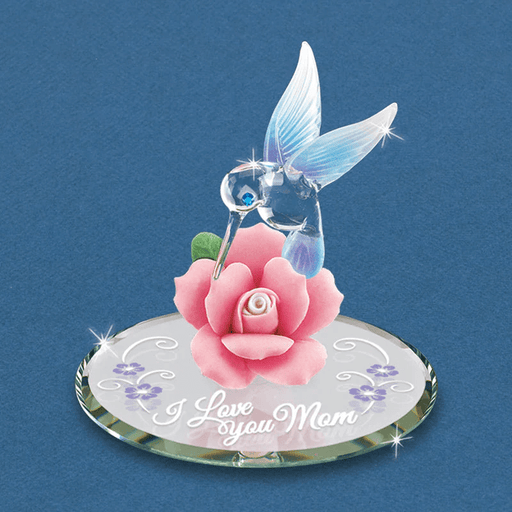 Glass Figurine of hummingbird with purple-blue-white wings on a pink rose made of porcelain. Mirror base reads "I Love You Mom" with flower designs