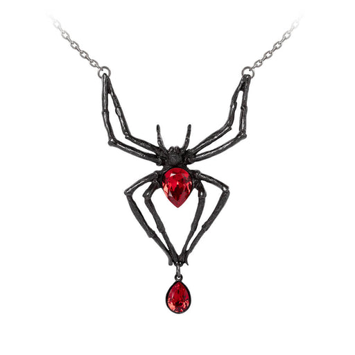 Necklace with black pewter spider pendant with red Austrian crystal abdomen and dangling droplet