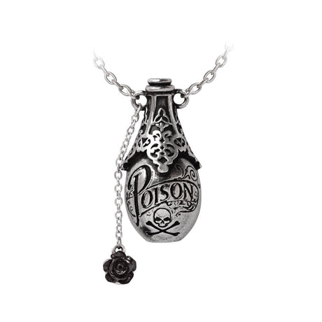 Necklace featuring a potion bottle pendant with removable black rose stopper