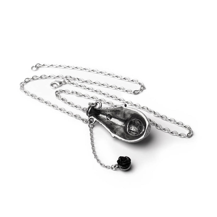 Necklace featuring a potion bottle pendant with removable black rose stopper. Hollow back shown.