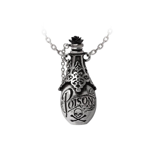 Necklace featuring a potion bottle pendant with removable black rose stopper