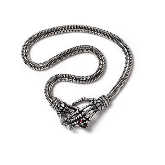 skeletal hands necklace on snake chain