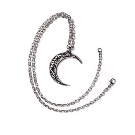 Crescent moon pewter necklace with magickal symbols