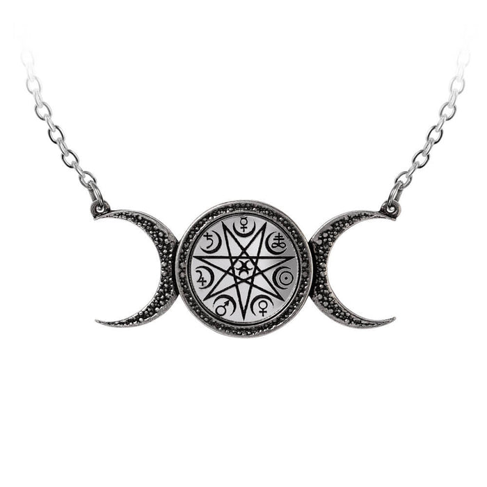 Pewter necklace with phases of the moon, full moon in the center inscribed with magical symbols