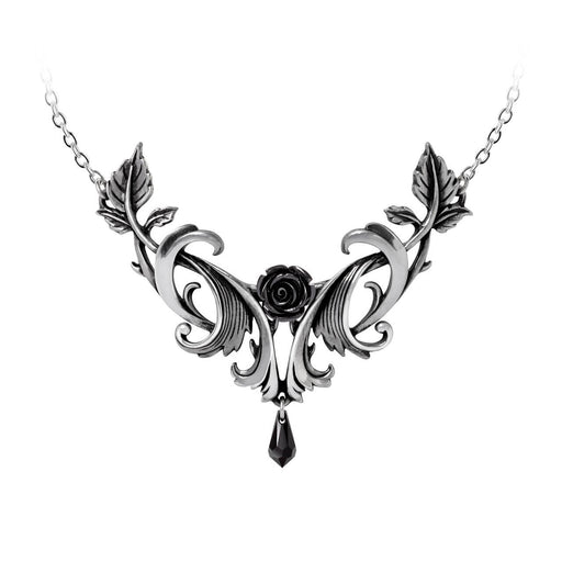 Pendant necklace made of pewter with baroque style designs around a black rose and leaves with a dangling Austrian black crystal