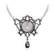 Necklace with Gothic elements, mirror circle at the center and smoky crystal dangling below