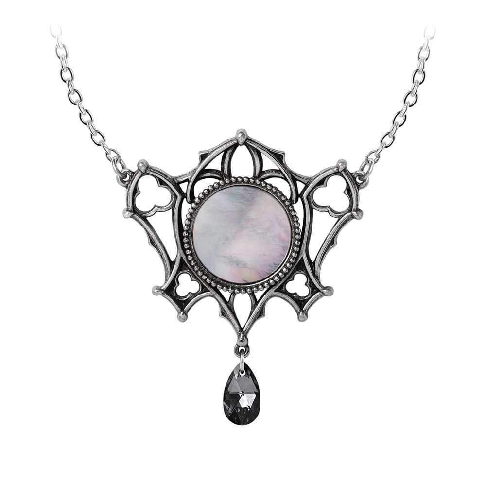 Necklace with Gothic elements, mirror circle at the center and smoky crystal dangling below