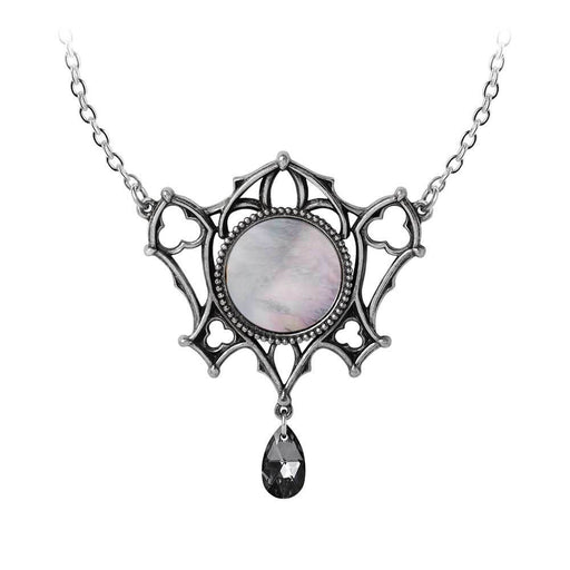 Necklace with Gothic elements, mirror circle at the center and smoky crystal dangling below