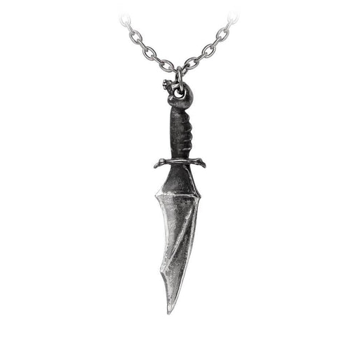 Pendant necklace of a knife shaped like a bat wing with a skull on the hilt