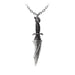 Pendant necklace of a knife shaped like a bat wing with a skull on the hilt