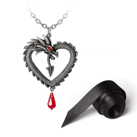 Necklace of pewter dragon in the shape of a heart with red crystal dangling underneath, red crystal eyes. Options of chain or black ribbon