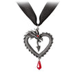 Necklace of pewter dragon in the shape of a heart with red crystal dangling underneath, red crystal eyes