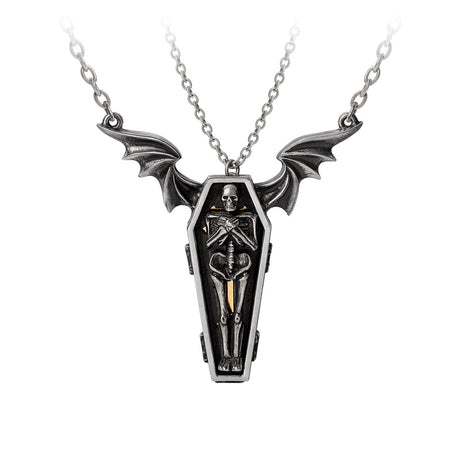 Pair of necklaces with winged coffin and skeleton that fits inside